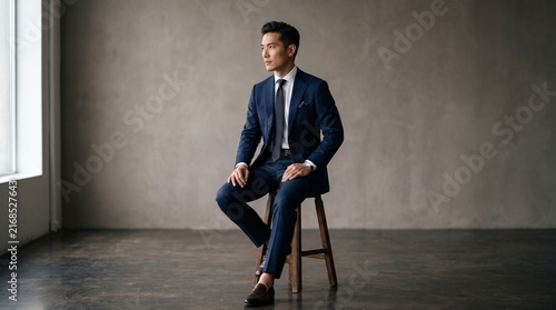 Professional portrait of a confident asian businessman in a navy blue suit sitting on a wooden stool against a textured grey studio background