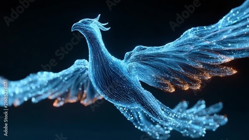 Digital Phoenix Emerges: A stylized, glowing digital phoenix crafted from blue light and particles ascends against a dark backdrop, symbolizing rebirth and transformation.