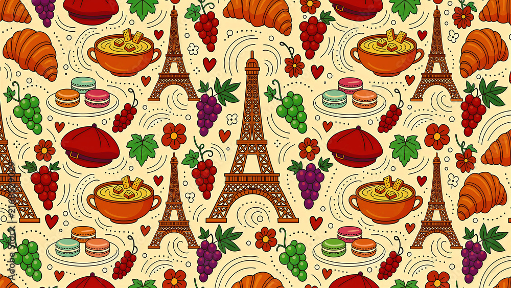 Seamless pattern of Paris icons including Eiffel Tower and French food. Colorful doodle illustration with croissants, macarons, and grapes. Travel culture theme for textile and wallpaper.
