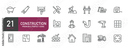 Set of line icons related to construction. Outline icons collection. Editable stroke. Vector illustration
