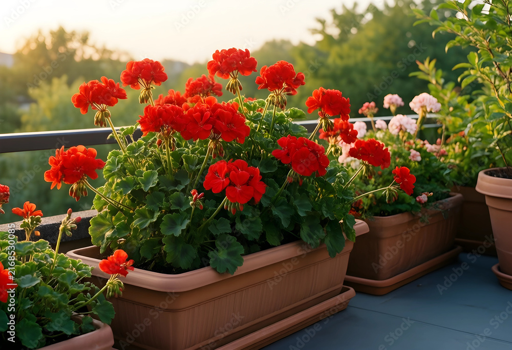 Naklejka premium Balcony gardening and urban greening, vibrant red geranium flowers in planter boxes on a sunny terrace