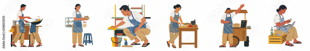 Fototapeta premium Flat vector illustration set of Asian street food vendors and merchants in traditional aprons working at their food stalls and carts.