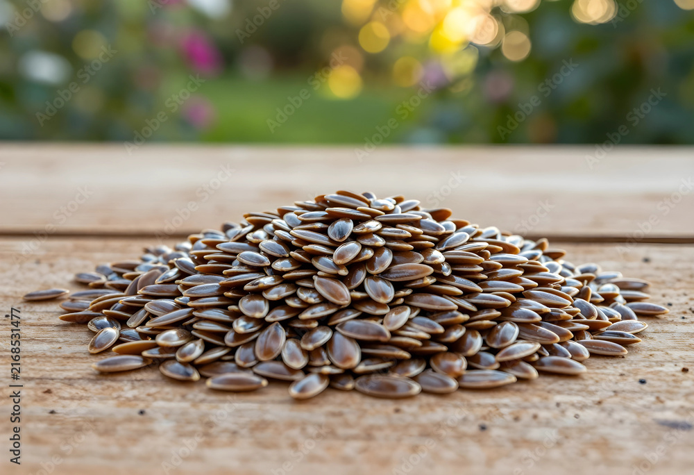 Obraz premium Healthy eating and superfood concept, flax seeds pile on a rustic wooden table with natural outdoor background