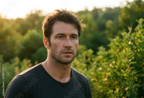 Mental health and wellness thoughtful man looking away in nature mindfulness and self-care outdoor portrait at sunset