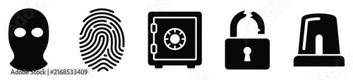 Security icons set. Balaclava, fingerprint, safe, unlocked padlock, alarm siren symbols. Flat glyph pictograms for crime, protection, safety applications, digital interface.