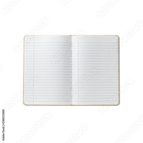 Open notebook with blank lined pages and a light beige cover PNG. The classic stitched composition book lays flat showing standard ruled paper with red margins.