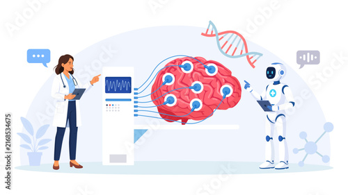 Doctor and AI Robot Analyzing Brain Scan for Neurology Research Medical Technology Flat Vector Illustration