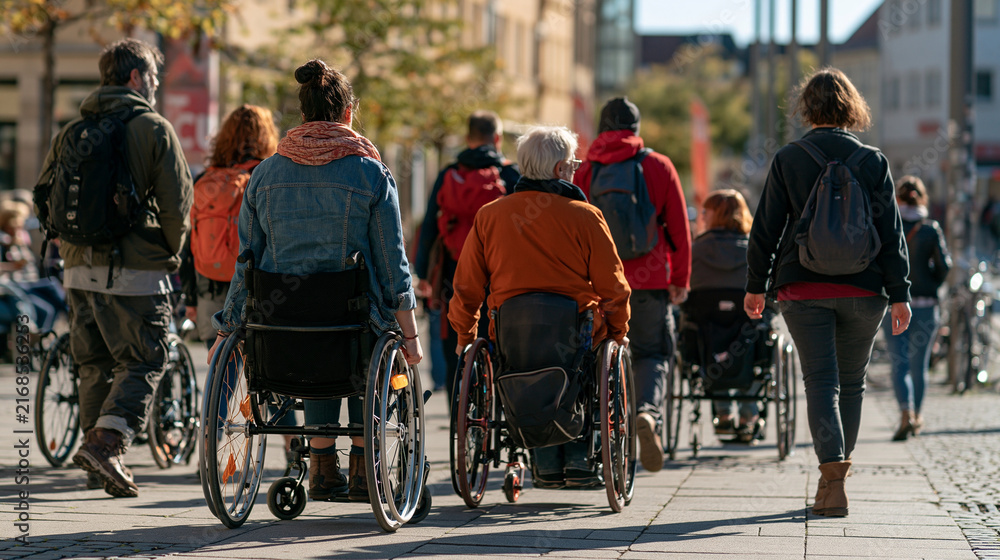 Obraz premium Gruppe von Menschen im Rollstuhl und zu Fuß auf einer Stadtstraße von hinten fotografiert, Symbolbild für Inklusion und Barrierefreiheit.