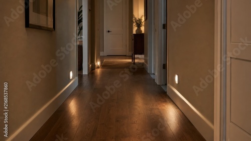 Warm motion lights illuminating a clear residential hallway at night, ideal for fall prevention, safer mobility and aging in place