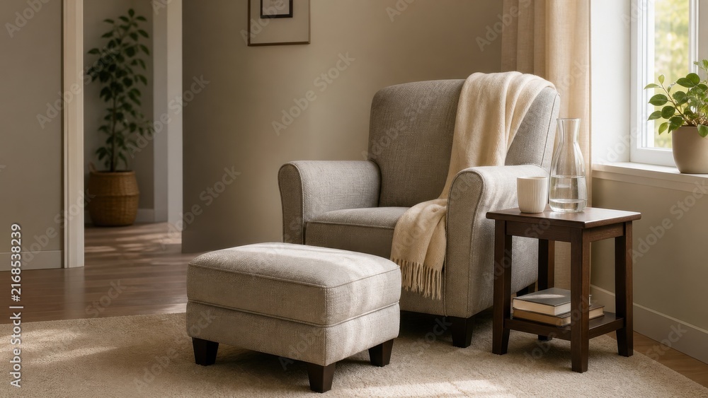 Fototapeta premium Supportive armchair with footstool, water and blanket in a quiet corner, ideal for healthy aging, rest and comfortable independent living