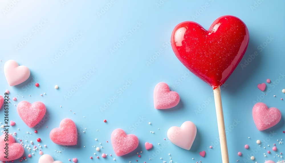 Obraz premium Red heart shaped lollipop candy on wooden stick surrounded by small sugar hearts over light blue surface for Valentine day background.