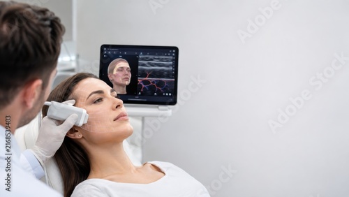 Professional facial ultrasound examination using advanced medical imaging technology for skin and tissue analysis