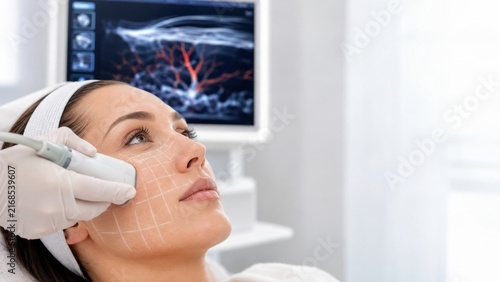 Modern facial treatment with advanced laser device on young woman skin in bright medical clinic
