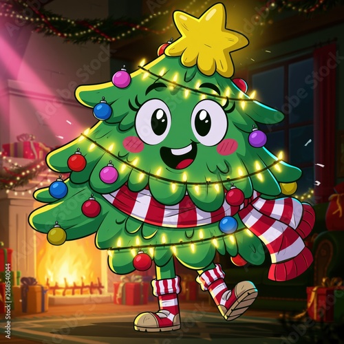 Cheerful Christmas Tree Cartoon Character Dancing in Cozy Holiday Room with Gifts