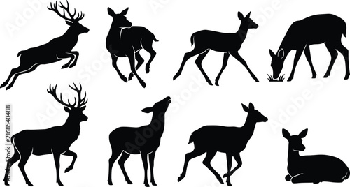 Black Deer Silhouettes Set Featuring Bucks Does Stags and Fawns in Various Poses