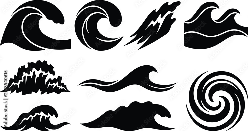 Fototapeta premium Ocean Waves Silhouettes Set Vector Ocean Wave Icons Surfing Water Splash and Swirl Symbols