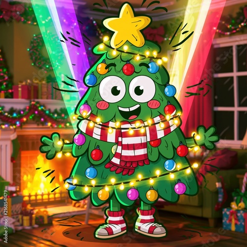 Cheerful Christmas Tree Cartoon Character Dancing in Cozy Holiday Room with Gifts