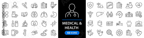 Medicine and health set of web icons in line style. Medical icons for web and mobile app. Medicine and Health Care symbols. Emergency, medical equipment, RX, MRI, doctor, lab, virus, prescription