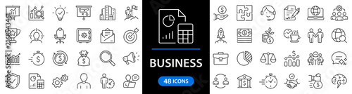 Business and finance set of web icons in line style. Finance and business. Money, business process, bank, team work, office, payment, strategy, management, accounting, infographic. Vector illustration