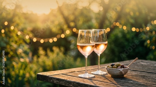 Golden hour garden dinner table with string lights, wine bokeh 