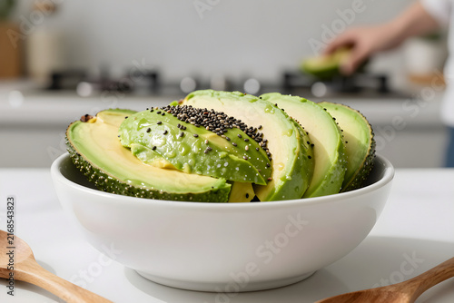 Extreme close-up of sliced avocado and black chia seeds in a ceramic bowl.