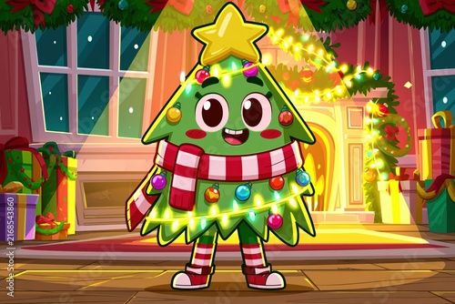 Cheerful Christmas Tree Cartoon Character Dancing in Cozy Holiday Room with Gifts