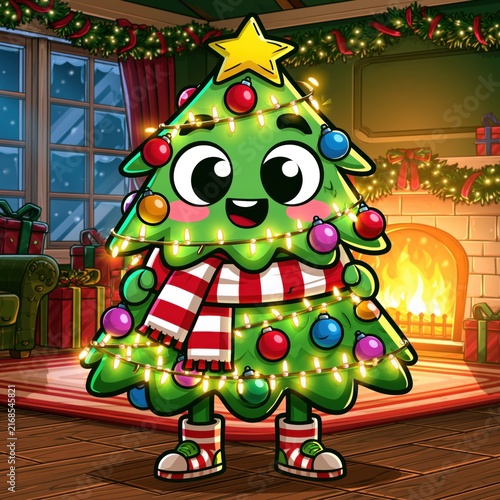 Cheerful Christmas Tree Cartoon Character Dancing in Cozy Holiday Room with Gifts
