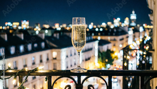 Champagne glass on balcony, city lights warm bokeh toast 