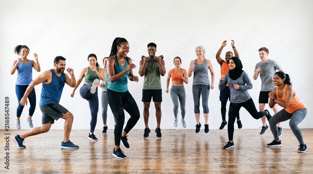 Obraz premium Diverse group of people exercising together in a bright studio