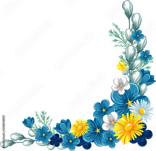 Blue Wildflowers and Dandelion Floral Corner Border Vector