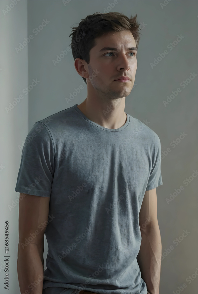 Obraz premium Thoughtful young man looking away contemplation and introspection mental health and well being pensive male portrait
