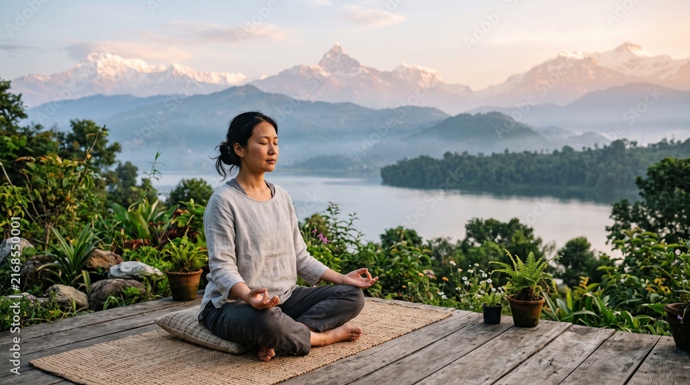 Fototapeta premium Woman meditating peacefully on wooden deck with stunning mountain lake backdrop at sunrise