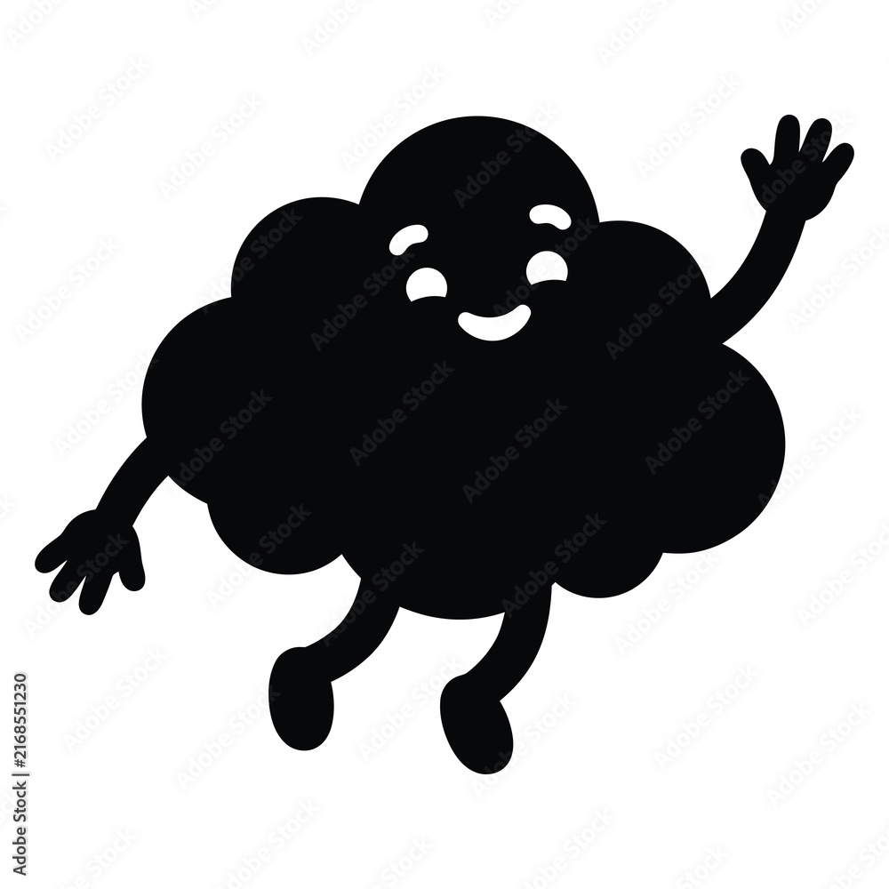 Fototapeta premium Happy cute black cloud character waving hello with arms and legs in a cartoon style illustration