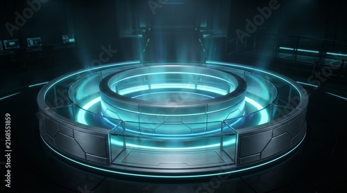 Empty futuristic glowing neon pedestal platform in dark sci-fi lab