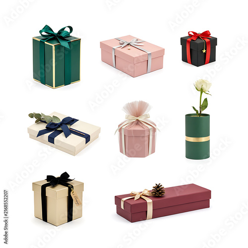 Set of Colorful Gift Boxes with Ribbons and Bows for Christmas, Birthday, Valentine, Anniversary and Holiday Celebration Isolated Gift Package Collection