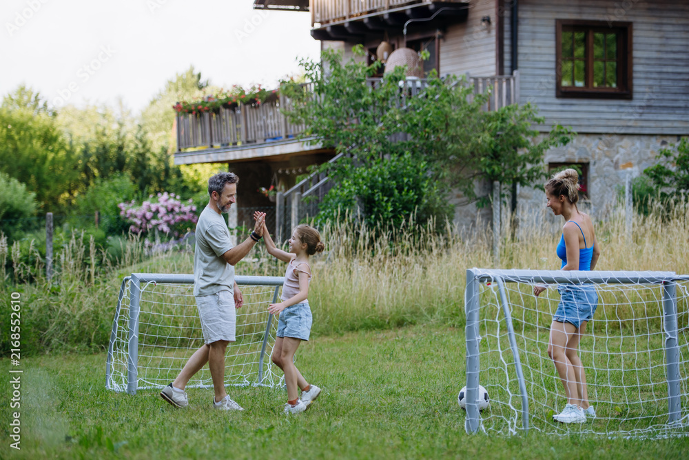 Obraz premium Family playing soccer together in backyard during summer.