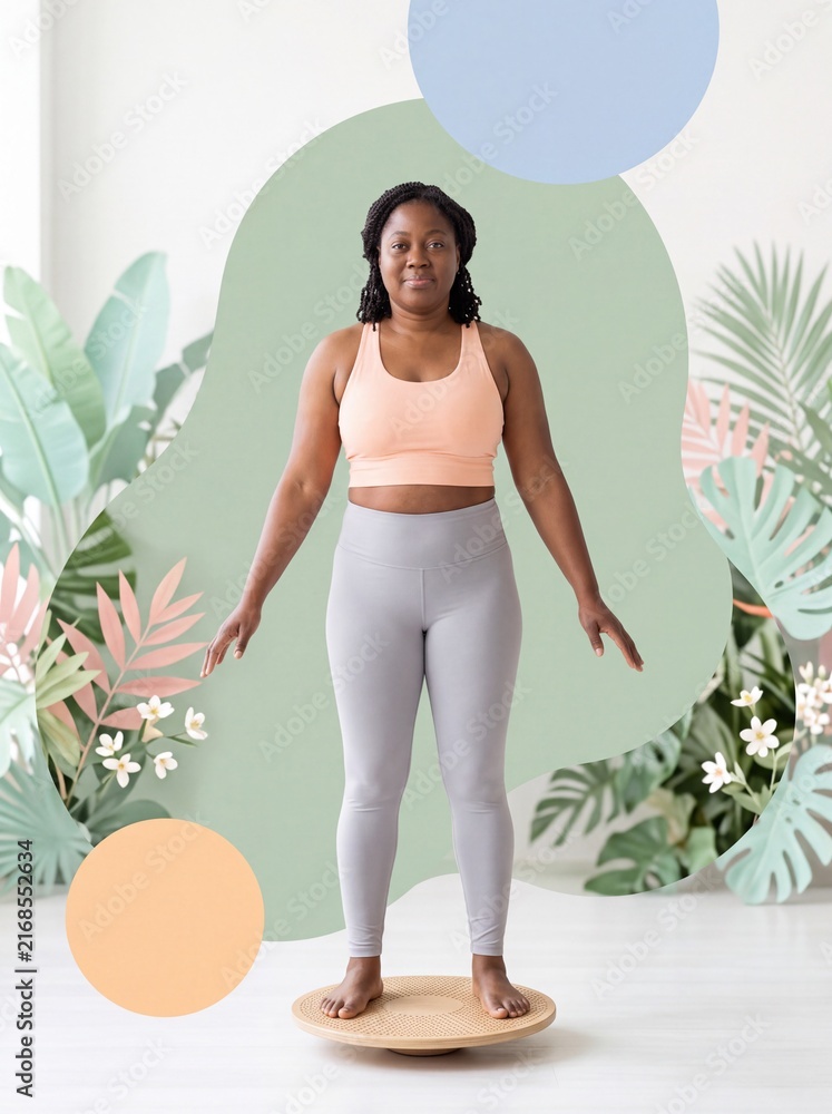 Fototapeta premium Woman balancing barefoot on a wobble balance board