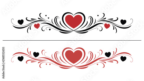 Decorative heart dividers with ornate flourishes in red and black colors on white background