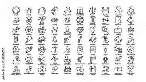 Foto Comprehensive collection of essential business and life core values line icons f