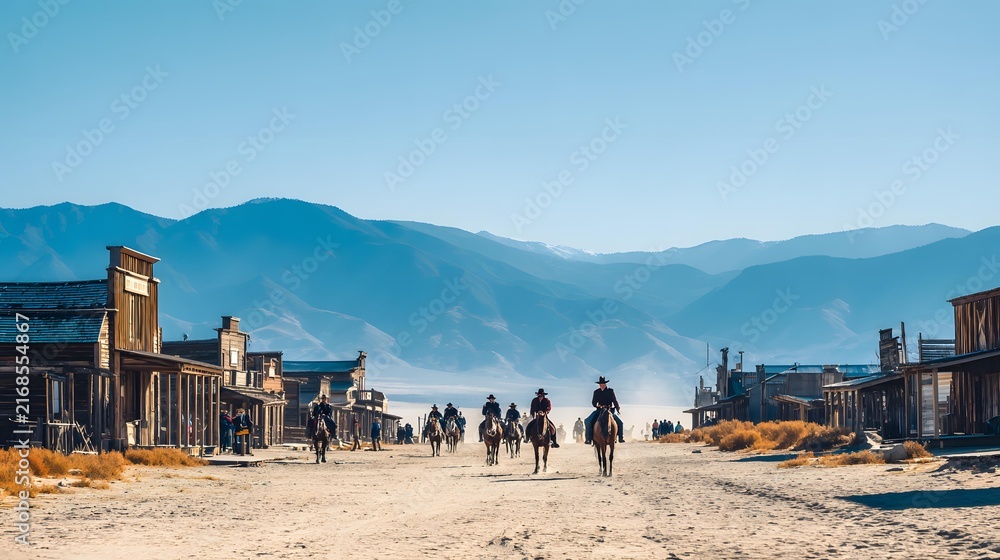 Fototapeta premium town street lined with wooden buildings and horseback riders, frontier heritage, dramatic desert landscape, cinematic realism