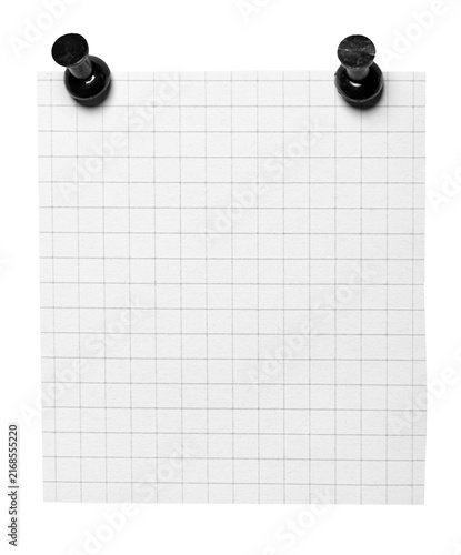 Isolated pinned checkered graph recycled rough paper memo note with pins or thumbtacks with squares or grid pattern, rough fiber texture transparent png background design element