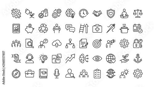 A diverse collection of modern outline business finance technology and marketing icons representing growth innovation and strategic solutions