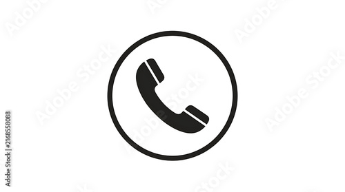 Minimalist black phone receiver icon inside a circle for contact and communication design.