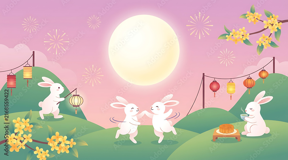 Naklejka premium Mid-Autumn Festival illustration with cute rabbits celebrating under a full moon.