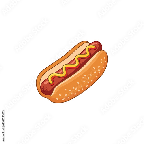 Delicious hot dog with mustard and ketchup in sesame bun vector illustration