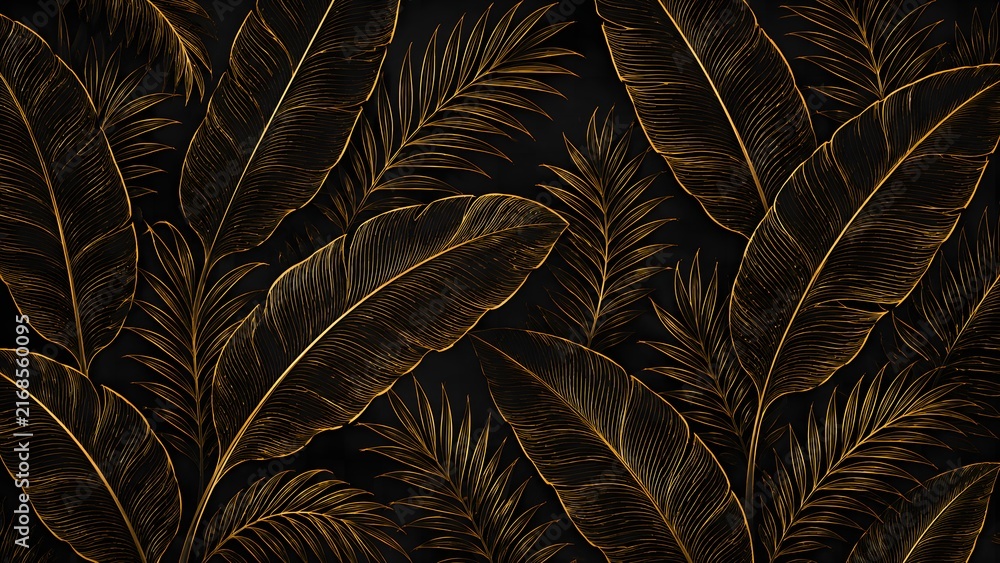 Tropical leaf Wallpaper, Luxury nature leaves pattern design, Golden banana leaf line arts, Hand drawn outline design for fabric , print, cover, banner and invitation, Vector illustration.
