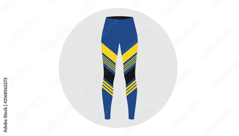 Fototapeta premium Pair of athletic leggings with blue, yellow, and black geometric pattern represents fitness fashion and activewear.