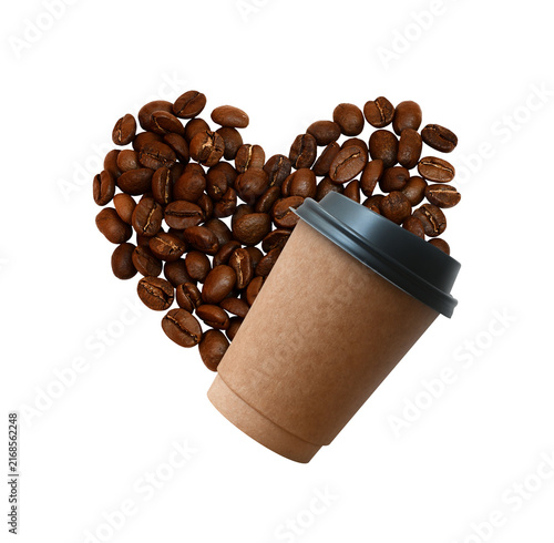Disposable cardboard coffee cup with big heart shape coffee beans heap isolated on transparent background. Drink concept. Clean paper drinkware PNG mockup. Espresso shot. Photo for packaging design