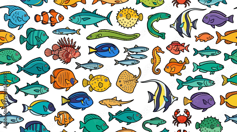 Obraz premium a lively collection of cartoon sea creatures and fish swimming together in a white background