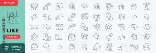 Like icon set. Set of 50 outline icons related to thumbs up, like, hand gesture, positive feedback and others. Editable stroke. Vector illustration.